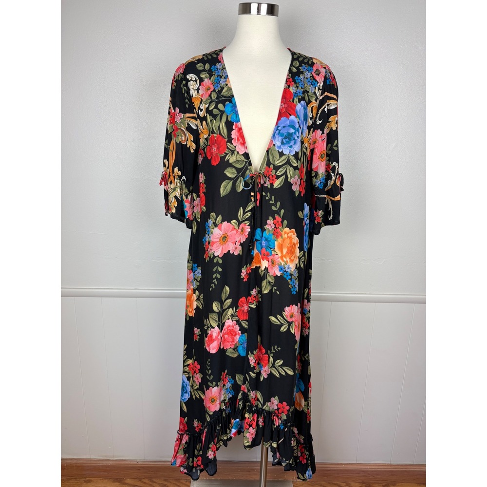 Johnny Was Black Floral Royal Long Kimono Ruffled Size M Tie Front Cover Up Pool
